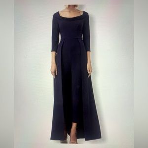 Kay Unger black long jumpsuit with skirt overlay.